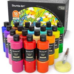 Shuttle Art 18 Colors Acrylic Paint Bottle Set (250ml/8.45oz), Rich Pigmented Bulk Painting Supplies for Artists, Beginners and Kids on Rocks Crafts Canvas Wood Ceramic