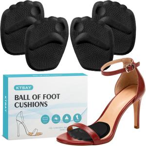 KTSAY Metatarsal Pads Women, Gel Ball of Foot Cushions for Pain Relief in Shoes, Non-Slip Heel Inserts, One Size Fits All (2 Pairs, Black)