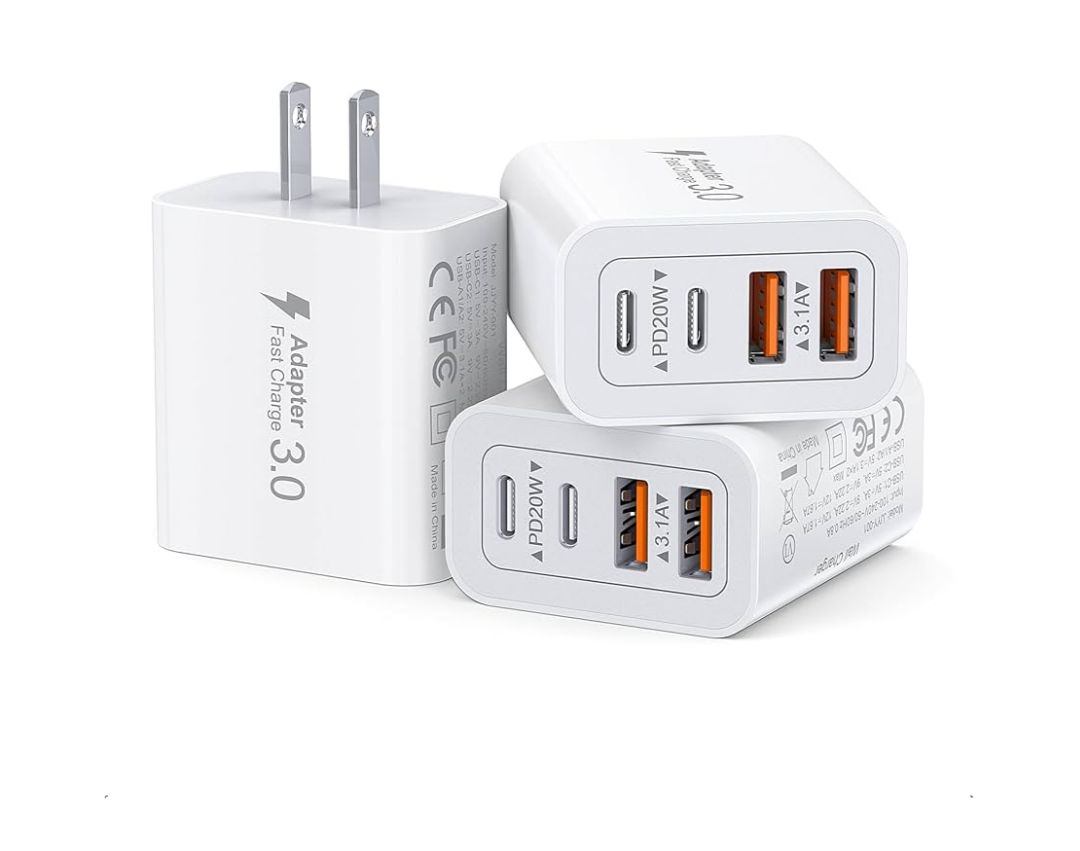 3-Pack] USB C Wall Charger,40W Fast USB C Charger Block,4-Port PD+QC Wall Plug Power Adapter Multiport Type C Charging Block for iPhone 17/16/15/14/13/12/Pro Max,iPad,Samsung,AirPods4,Watch10,Ultra2