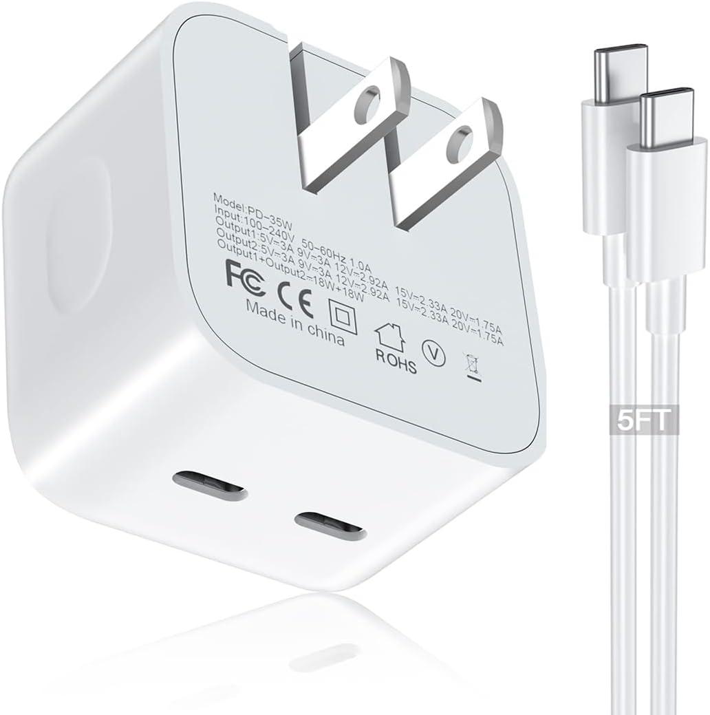 35W Dual USB-C Port - Compact Power Adapter Foldable USB Type C Plug Fast Wall Charger with 2Pcs 5FT C to L, C to C Charging Cord for iPhone 14 13 12 11 Pro Max Plus Mini, iPad, MacBook Air