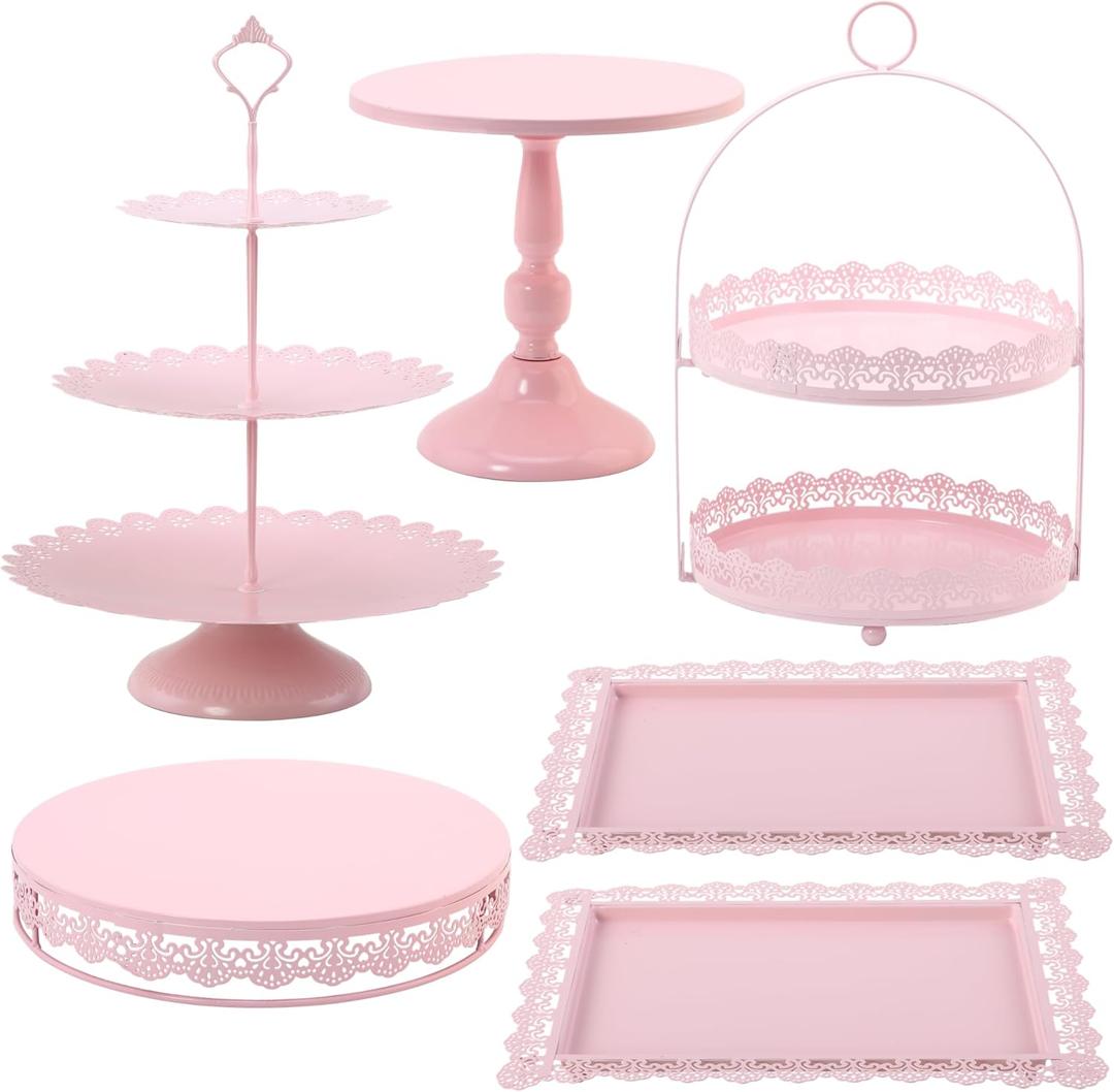 6 Pcs Pink Cake Stands Set, Cake Display Pedestal Tiered Cupcake Holder Dessert Plate Serving Tower Tray Decorative for Wedding Birthday Party Baby Shower Celebration