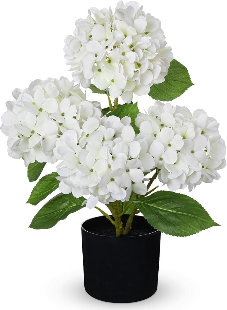Hollyone White Hydrangea Artificial Flowers in Pots 19.7" Four-Head Faux Silk Hydranges Flower Arrangements for Indoor Home Office Kitchen Table Centerpieces Wedding Decorations