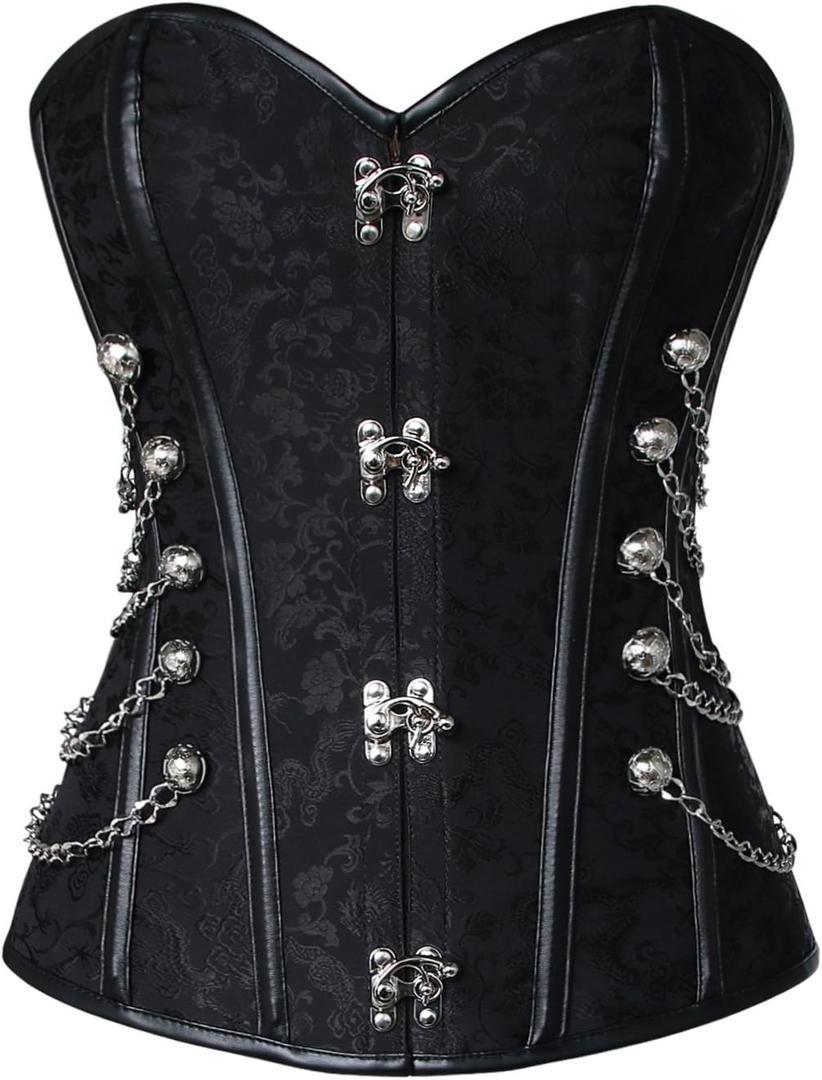 Charmian Women's Spiral Steel Boned Steampunk Gothic Bustier Corset with Chains (X-Large, Black)