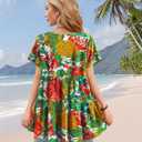 YESNO Women's Casual Short Sleeve Shirts Summer Floral Loose Tiered Swing Tunics Tops Blouses BEL (Green, XXL)