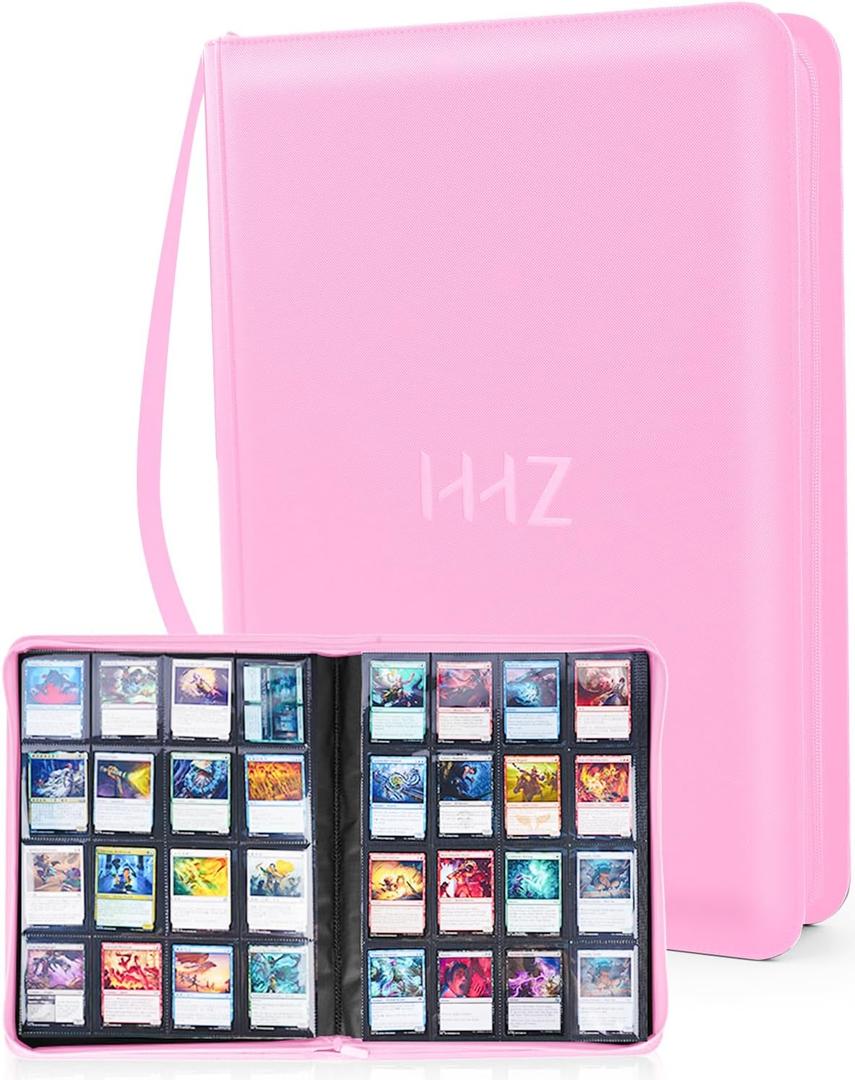 16-Pocket Card Binder - Card Binder Hold 832 Cards with Durable PU Leather & Side Loading for Baseball, Sport, MTG, TCG, PKM, Game Cards, Regular Cards Binder Double Sided Pocket Collector Album(Pink)