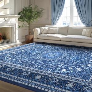 Lessymo Area Rugs 10 x 14 for Living Room, Machine Washable Area Rugs Boho Faux Wool Low Pile Area Rug for Bedroom, Floral Medallion Vintage Rugs with Non-Slip Rubber, Kid & Pet Friendly,Blue White