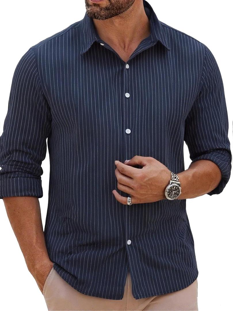 BAYAMO Men's Button-Down Striped Shirts Casual Long Sleeve Cotton Linen Collared Shirts Fashion Business Dress Shirt Navy XL 