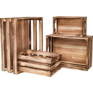 Set of 4 Large Torched Wood Decorative Storage Crates, Nesting Wooden Crates for Display Rustic, Farmhouse Wooden Storage Container Boxes Made from 100% Wood