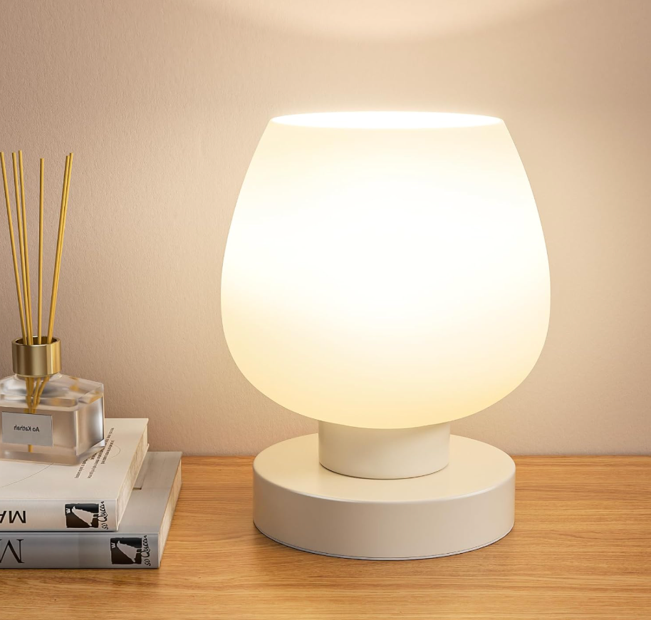 Seealle Touch Table Lamp for Nightstand - Small Bedside Lamp for Bedroom Living Room Night Stands, Desk Lamp with White Glass Shade for Small Spaces, 3 Way Dimmable, LED Bulbs, Gifts