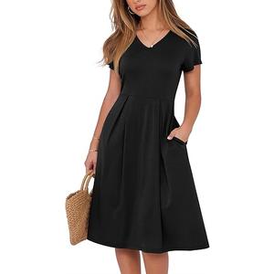 Women Summer Dress Casual Short Sleeve V Neck A-Line Knee Length Pleated Flowy 2026 Fashion Midi Dresses with Pocket Size S
