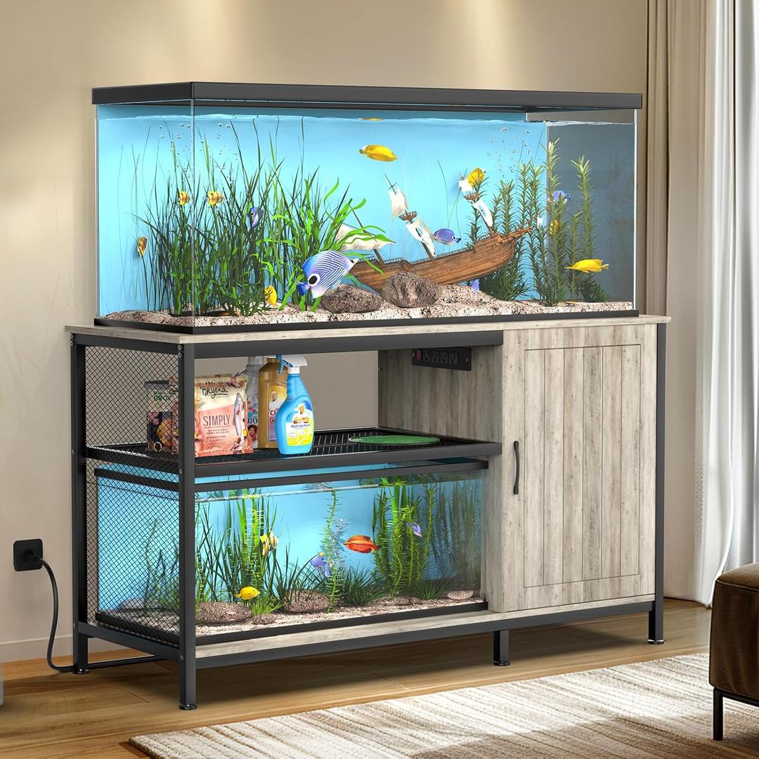 Tatub 55-90 Gallon Aquarium Stand with Power Outlets, Large Fish Tank Stand with Cabinet for Accessories Storage, Heavy Duty Metal Fish Tank Table Suitable for Turtle, Reptile, 1000LBS Capacity (51.6" W, Grey)