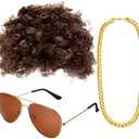 Gejoy Hippie Disco Costume Men Set Funky Afro Wig,Gold Celebrity Sunglasses Faux Gold Chain for 50/60/70s Party Accessories(Brown Hair)