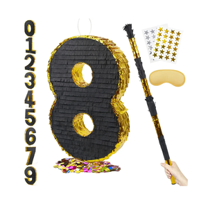 PCFING 20 Inch Number 8 Piñata Gold Black with 30 Inch Piñata Stick Blindfold Confetti for Man Women Kids Birthday Party Decorations, Anniversary Celebration, Fiesta