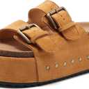 Women's Platform Clogs Sandals Cork Footbed with Comfort Double Buckles, Summer Platform Slides Mules, Summer Beach Comfort Wide Widths Availab (7, Brown)