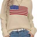 Womens American Flag Sweater Long Sleeve Crew Neck Knitted Casual Pullover Sweater (M)