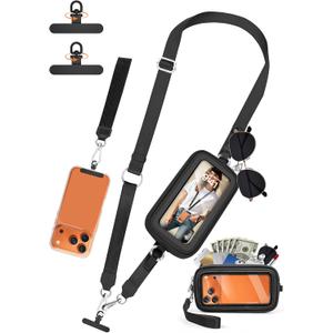 takyu Clip and Go Strap for Phone with Wallet Crossbody, 4-in-1 Adjustable Phone Lanyard with Detachable RFID Wallet with ID Window, Cross Body Strap for Women Travel, Black