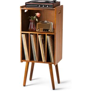 Wooden LP Record Player Stand, 3-Tier Turntable Stand Cabinet Holds up to 100 Albums, Metal Record Storage Holder and Organizer Table, Mid-Century Modern Record Player Holder for Living Room & Bedroom