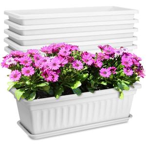 6 Packs Window Box Planter, 17 Inches Flower Window Box Rectangular Plastic Vegetable Planters with Trays for Windowsill, Patio, Garden, Balcony, Porch White