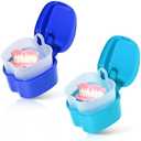 KISEER 2 Pack Colors Denture Bath Case Cup Box Holder Storage Soak Container with Strainer Basket for Travel Cleaning (Light Blue and Blue)