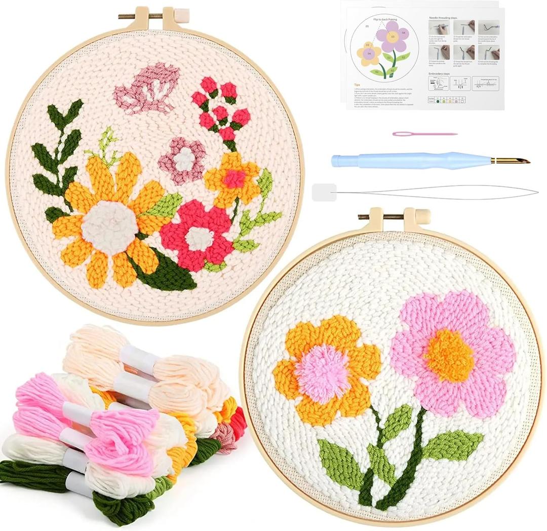 Punch Needle Embroidery Kit for Beginners - Complete DIY Craft Set with Pre-Printed Pattern, Hoop, Yarn & Tools - Easy Adult Kids Art Project Gift