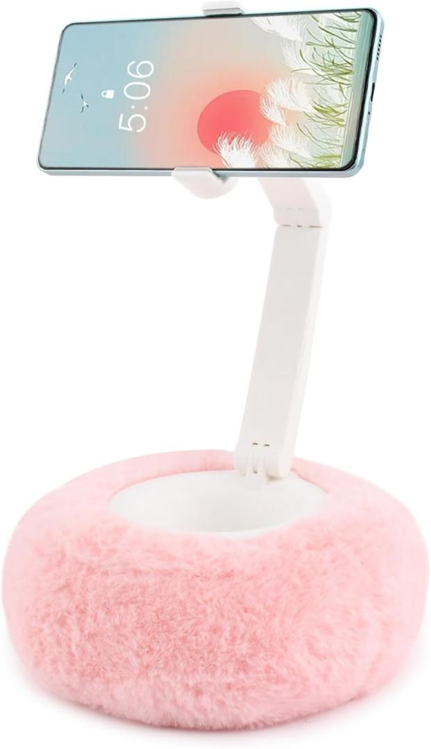 CALIDAKA Tablet Stand Pillow Cell Phone Pillow Holder for Bed Compatible with 2.36-3.35'' Phone 360Adjustable Phone Holder for Bed with Soft Plush Fabric, and Detachable Bowl(Color:Pink)