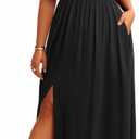 Plus Size Summer Dresses - Boho Casual Off Shoulder Floral Long Maxi Dress with Pockets (Black, 20W)
