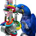 Metallic Pots and Multicolored Ring Strings Toys, Pullable 5 Stainless Steel Cups and Wooden Ring Toys for Large and Extra Large Parrot Amazons Macaws African Greys Cockatoos Eclectus