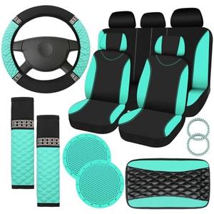 Fulmoon 17 Pcs Car Accessories Set for Women Seat Bling Leather Steering Wheel Cover Seat Belt Shoulder Pad Armrest Cup Holders Covers Full Crystal Decor Automotive Interior(Mint Green and Black)