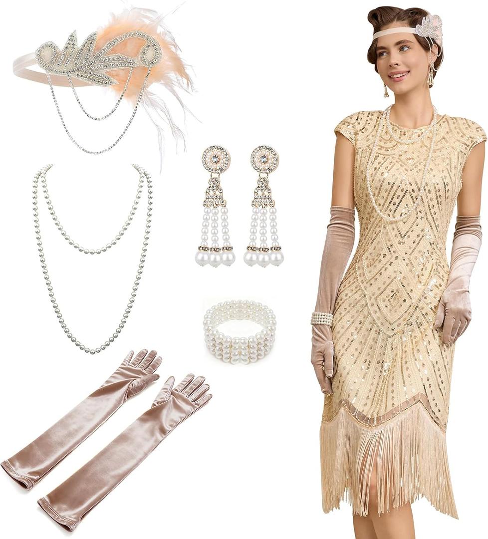 1920s Dresses for Women, Roaring 20s Great Gatsby Flapper Dresses Fringed Sequin Vintage Dress with Accessories Set XX