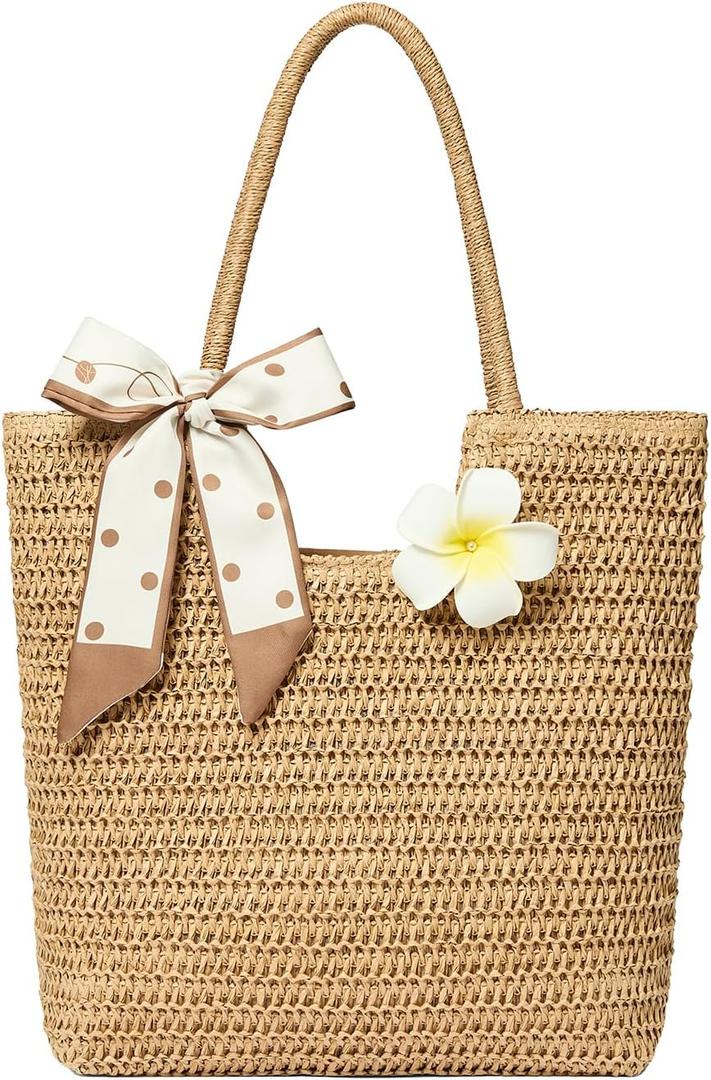 Straw Tote Bag for Women, Large Summer Beach Bag with Polka Dot Scarf & Plumeria Flower (Brown)