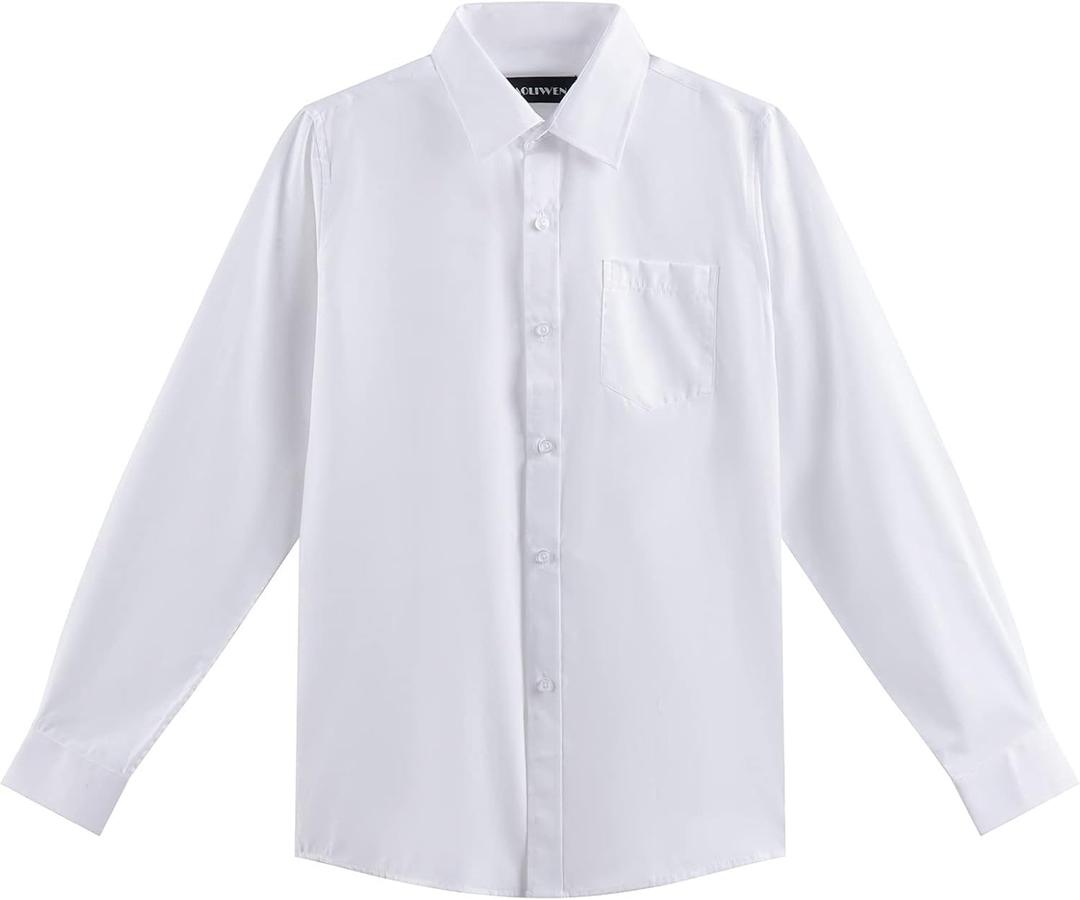 AOLIWEN Boys Long Sleeve White Button Down Shirt - Collared Uniform Boys White Dress Shirt Button Up Shirt Boys (White 13-14T)