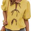 Falechay Womens Summer Tops Bowknot Puff Short Sleeve Blouses Dressy Casual Cute Babydoll Flowy Peplum Shirt for Women (Yellow, L)