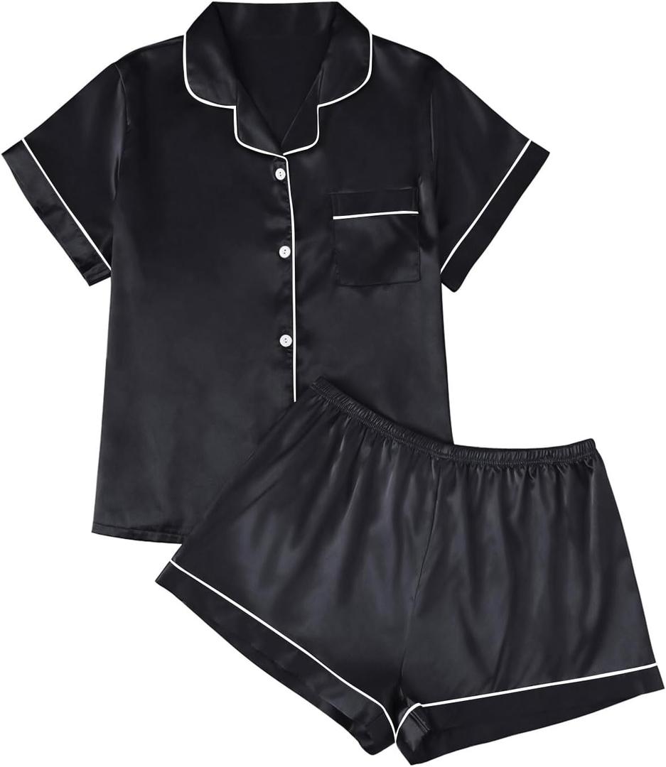 LILLUSORY Silk Satin Pajama Set for Women 2 Piece Lounge Pjs Winter Matching Summer Sleepwear Button Down Shirt Shorts (Small, Black)