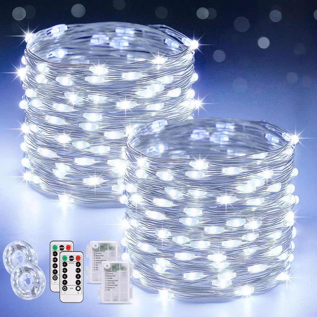 JMEXSUSS 2 Pack Fairy Lights Battery Operated, Total 400 LED 132ft Outdoor Fairy String Lights with Remote, 8 Modes Copper Wire Twinkle Lights for Bedroom Tree Wall Patio Outside Decor, White