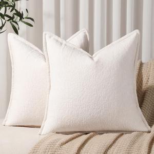 Pack of 2 Cream White Decorative Throw Pillow Covers 24x24 Cozy Soft Chenille Accent Vintage Square Couch Pillow Covers for Home Decor Bed Sofa Living Room