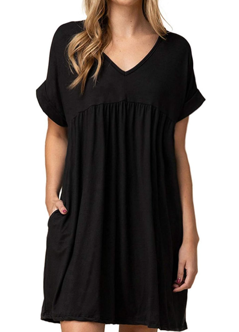 Jayscreate Women's Baby Doll Dress Summer Casual Tunic Pleated Flowy Swing Short Sleeve Black V Neck Mini Dress , Size XL