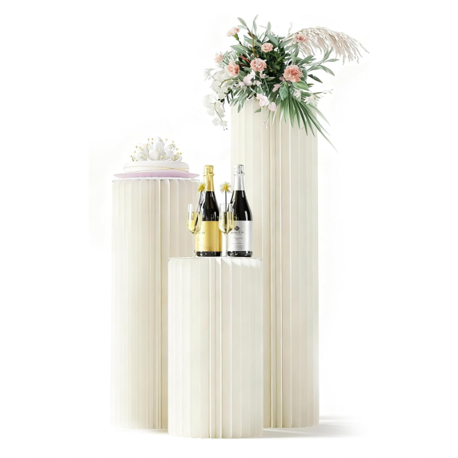 3 Pack Portable White Cylinder Stands for Party, 31.5", 23.6", 15.7" Height Foldable Cardboard Tall Cake Pedestal Stand Flower Floral Pillar Table Stand, cilindros para fiestas redondos blancos for Wedding Parties