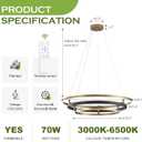 Benkut 3 Rings Modern LED Chandelier Black Gold Dimmable Circular Pendant Light for Dining Room, Foyer Chandelier with Remote Control Flush Mount High Ceiling Light for Kitchen Living Room, D30.7In