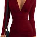 GOBLES Women's Sexy Long Sleeve V Neck Ruched Bodycon Mini Party Cocktail Dress (Wine Red, S)