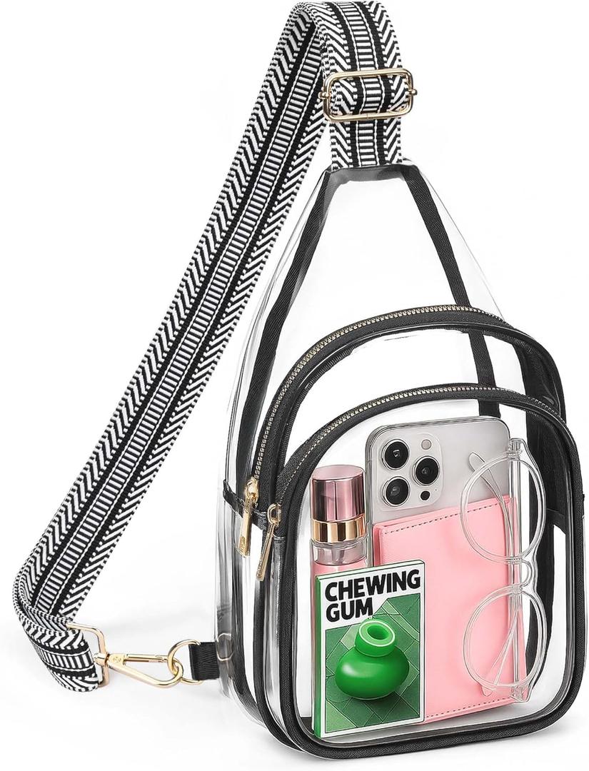 HULISEN Clear Sling Bag for Stadium Events, Clear Purse for Women, Stadium Approved Crossbody Handbag for Concerts Sports Fan (Black and White 1)