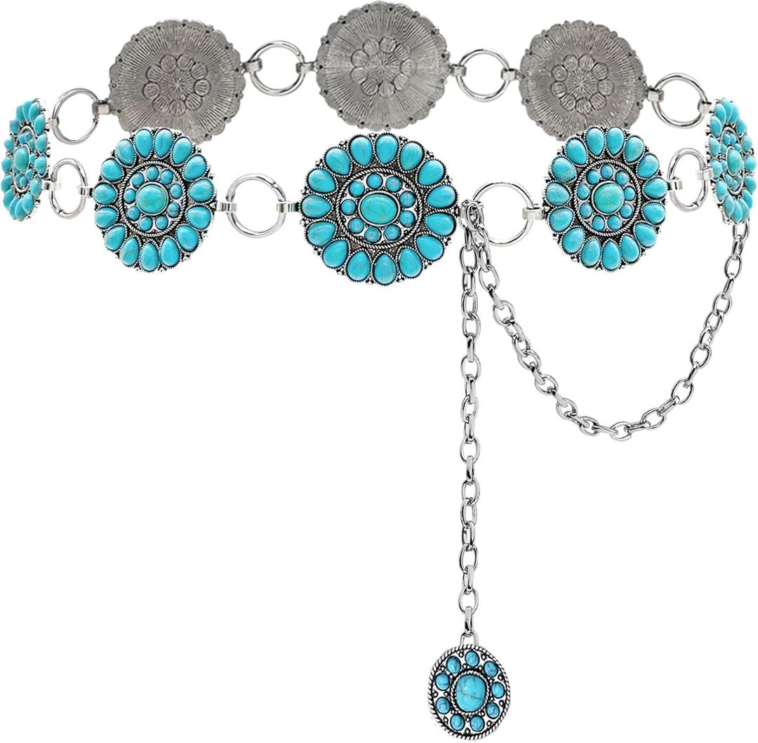 Boho Turquoise Concho Belt Silver Metal Western Turquoise Belts Waist Chain Belt for Women Dress (41inch(26''+extended chain 15''), Blue)