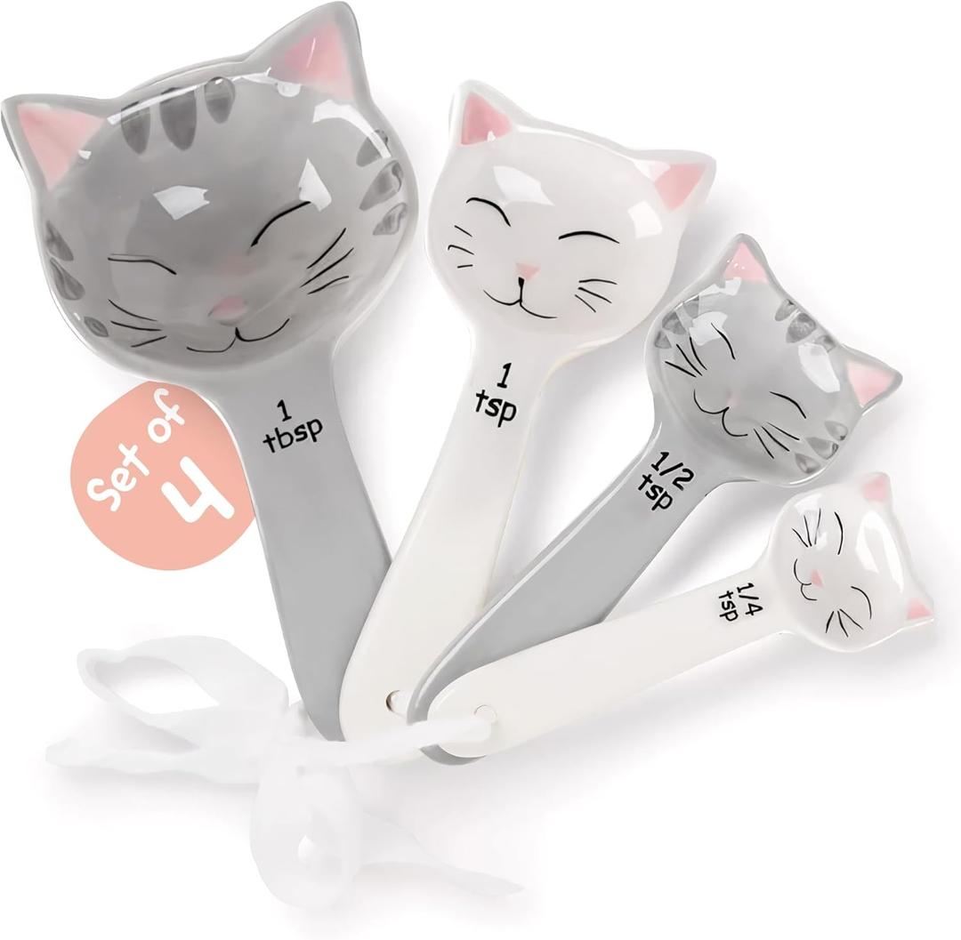 Cat Shaped Ceramic Measuring Spoons - Gift for Any Cat Lover - Cat Ceramic Measuring Spoons Baking Tool - Creative Functional Kitchen Decor - Comes in White and Gray - Set of 4