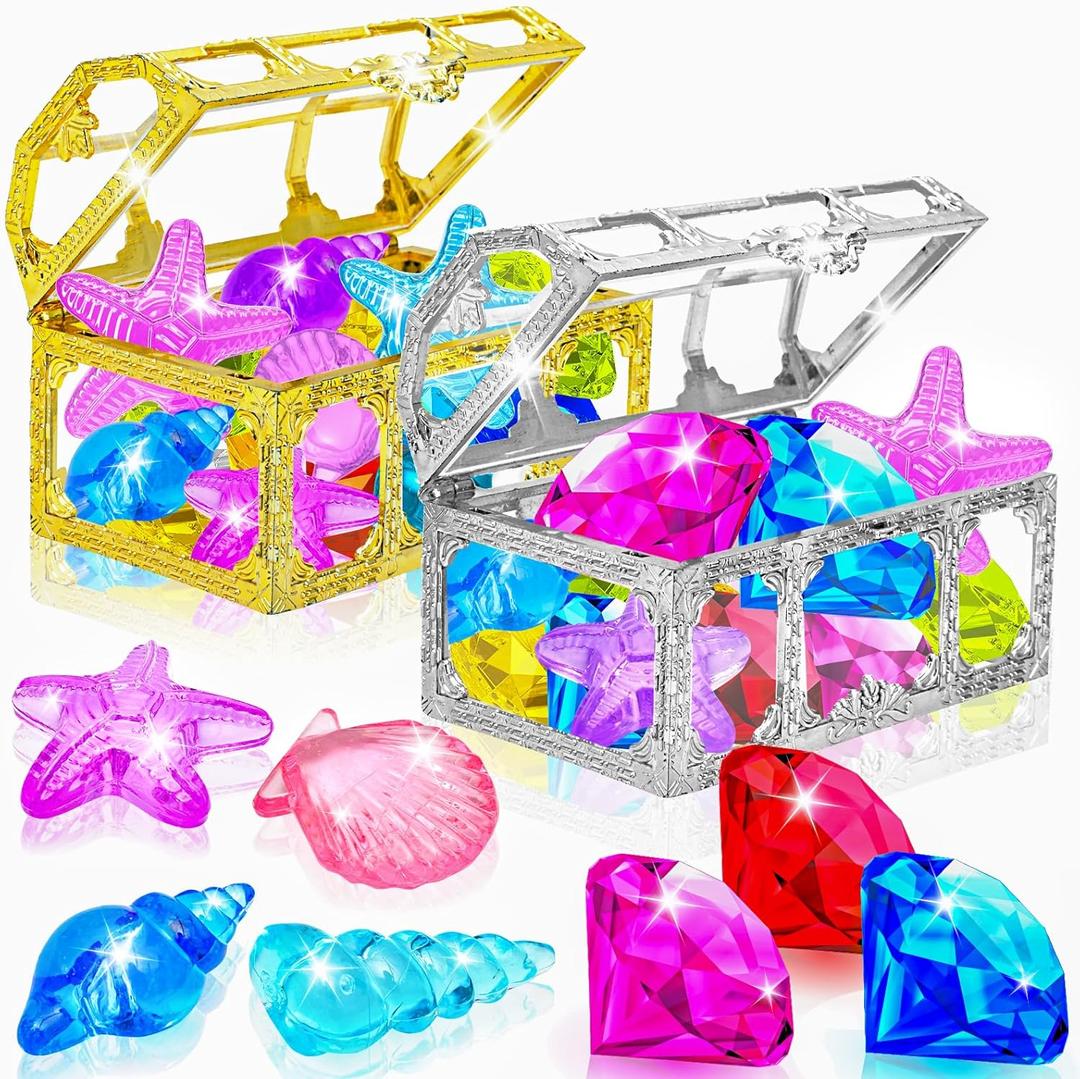 MGparty 24pcs Diving Gem Pool Toys Colorful Diamonds Set with Pirate Treasure Chest Summer Toy Underwater Swimming Toys for Boys and Girls Pool Games Water Toys