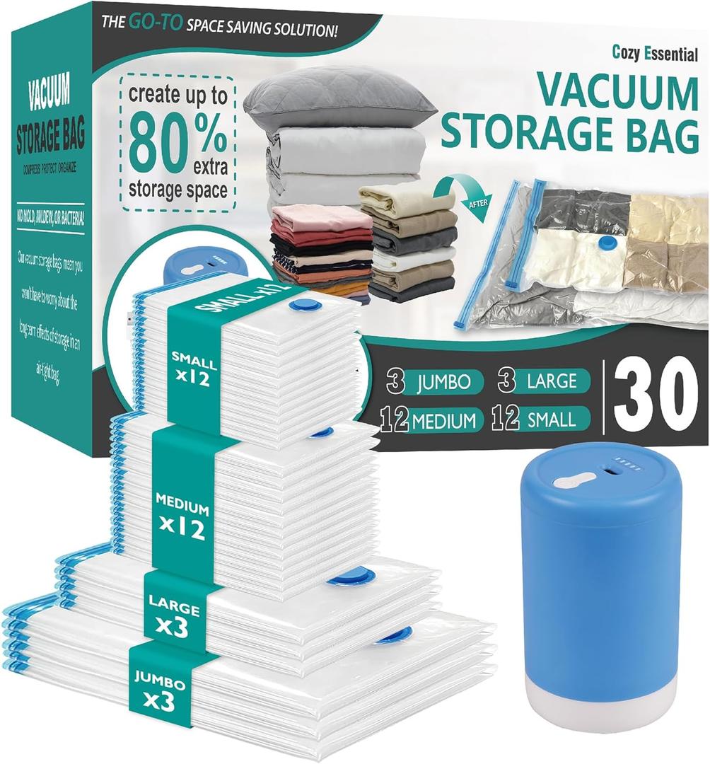 Cozy Essential Vacuum Storage Bags with Portable Rechargeable Wireless Electric Pump, Vacuum Seal Space Saver Bags for Clothing, Pillows, Blanket, Bedding, Comforters30 Combo