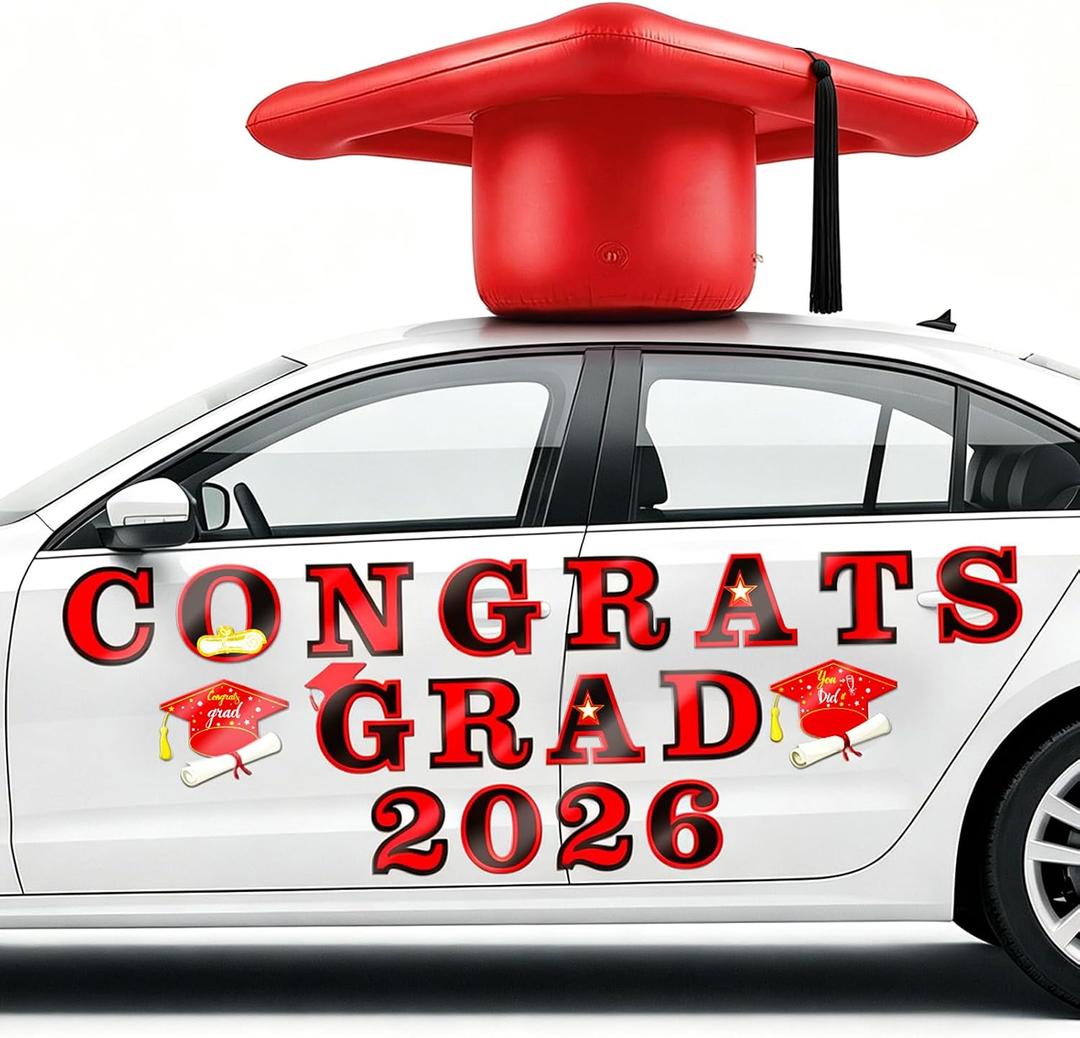 2026 Graduation Car Decorations, 27" Large Inflatable Car Graduation Cap Decors, Class of 2026 Congrats Grad Magnets Letters PVC Blow up Decorations for Cars Roof High School Collage Prom Party(Red