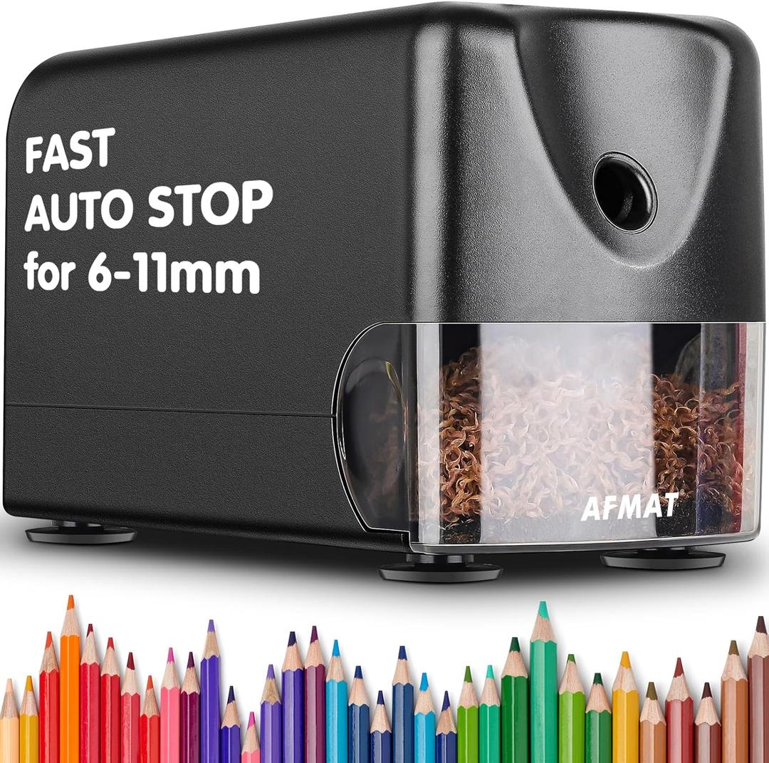 AFMAT Heavy Duty Electric Pencil Sharpener, Auto Stop Classroom Pencil Sharpeners for 6-11mm No.2/Colored Pencils, Pencil Sharpener for Large Pencils, Sharp Point, Save Pencils, Teachers Must Haves (Black)