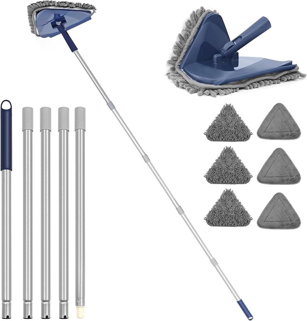Wall Cleaner Mop with 82" Extendable Handle, 360 Rotating Head & 90 Flip, Microfiber/Chenille Pads, Built-in Squeegee for Ceiling, Wall, Baseboard and Window Cleaning