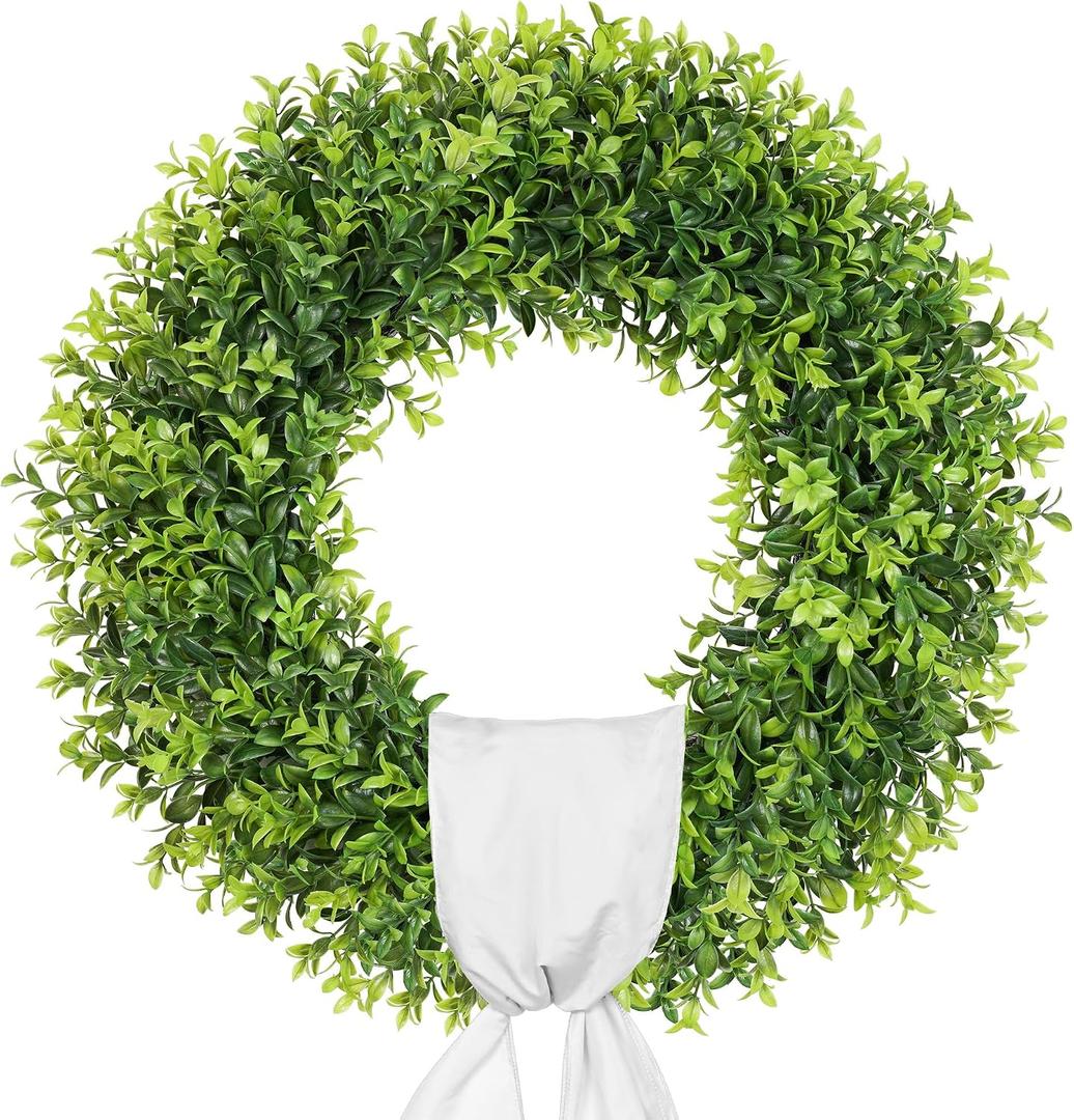 26 Inch Large Boxwood Wreath Spring Summer with Sash Artificial Green Wreaths for Front Door Farmhouse Wedding Window Hanging Wall All Year Round Indoor & Outdoor St Patrick's Day Decor