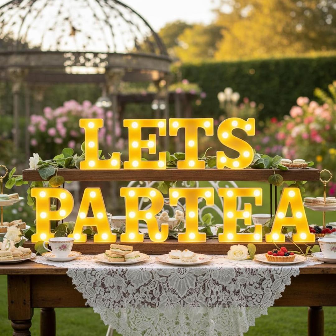 Honoson 10 Pcs Tea Party Birthday Decorations Lets Par Tea Lights Sign Decor Neon LED Lights Table Decoration for Birthday Girl Baby Shower Party Home Indoor Decor