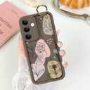 Silicone Case for Samsung Galaxy S25 Plus with Strap, Cute Flower Floral Phone Case for Girl Women, Adjustable Finger Strap Shockproof Protective Cover, Brown Flowers